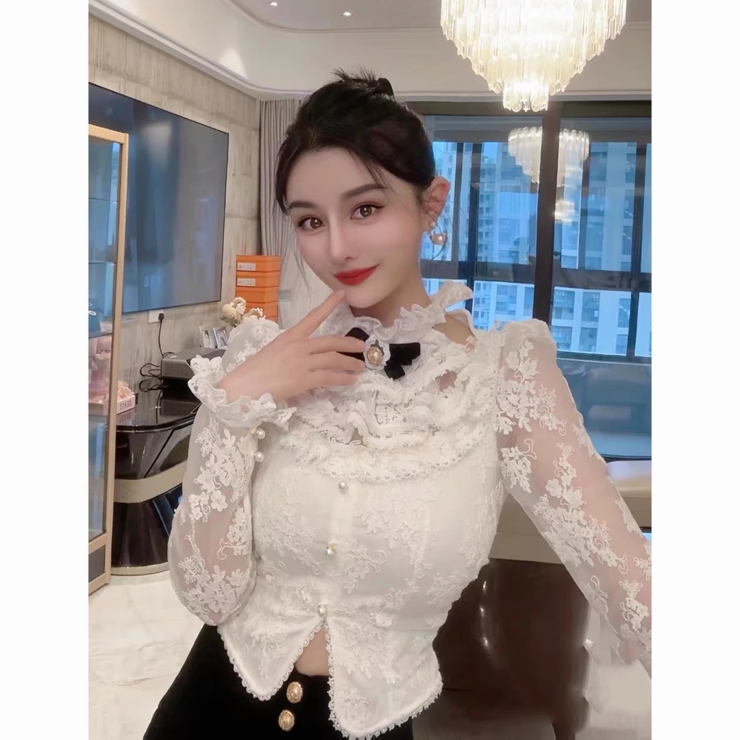 【芊羽原版取舍高定】早秋新款氛围高级感重工蕾丝立领内搭上衣