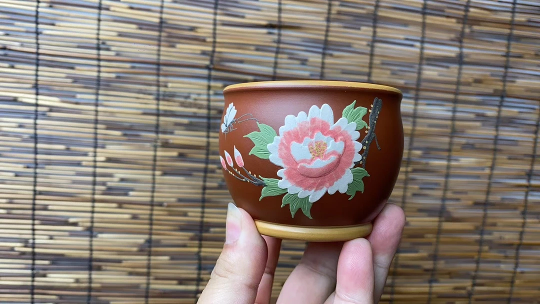 宜兴紫砂杯纯全手工泥绘牡丹品茗杯主人杯功夫茶杯单杯容量160c