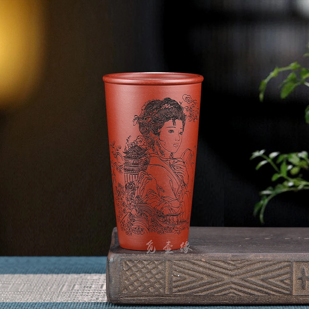 宜兴原矿高端紫砂茶杯全手工刻绘美女朱泥闻香杯可乐杯