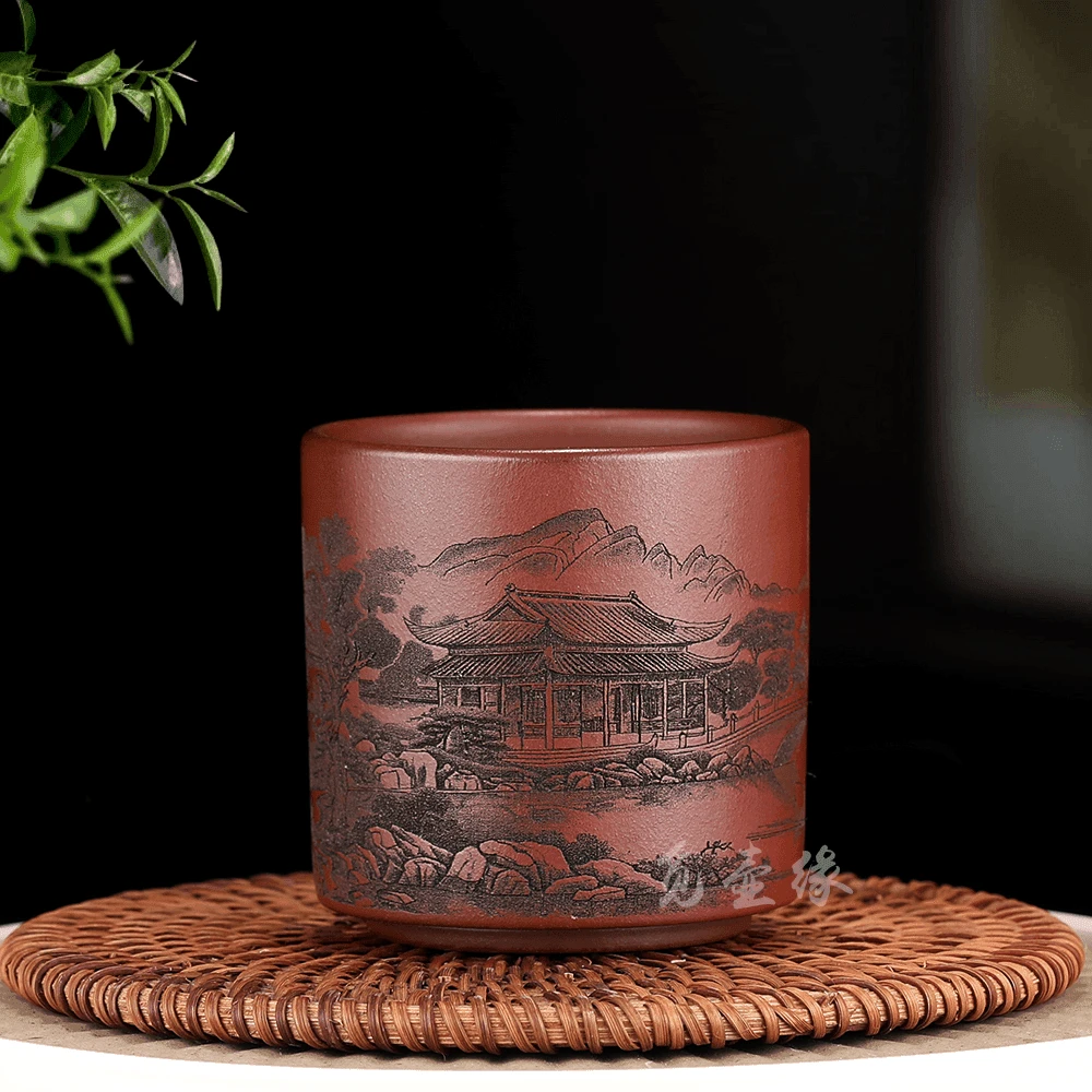 宜兴原矿紫砂龙血砂富春山居图直筒紫砂主人杯150cc