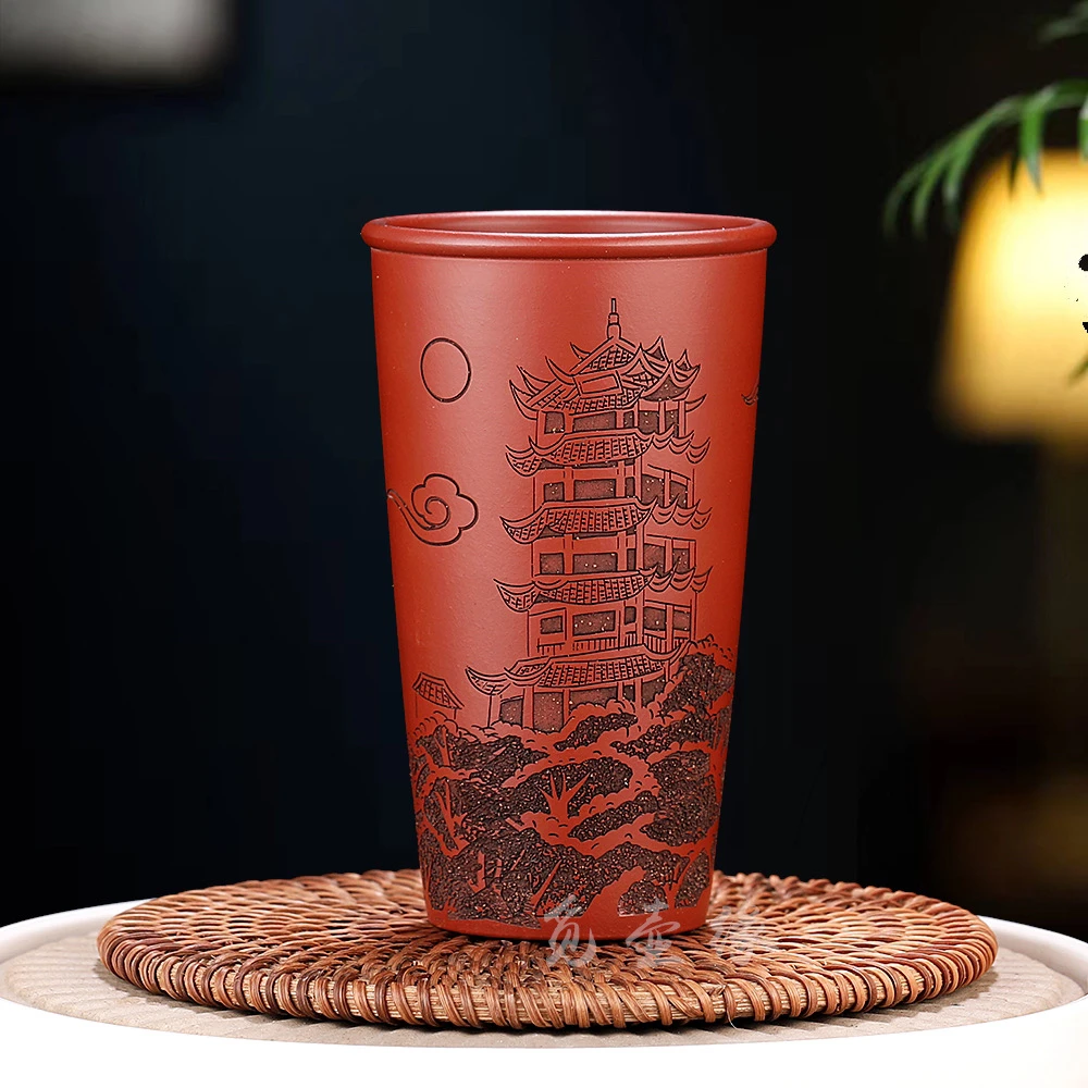 宜兴原矿高端紫砂茶杯全手工刻绘黄鹤楼朱泥闻香杯可乐杯