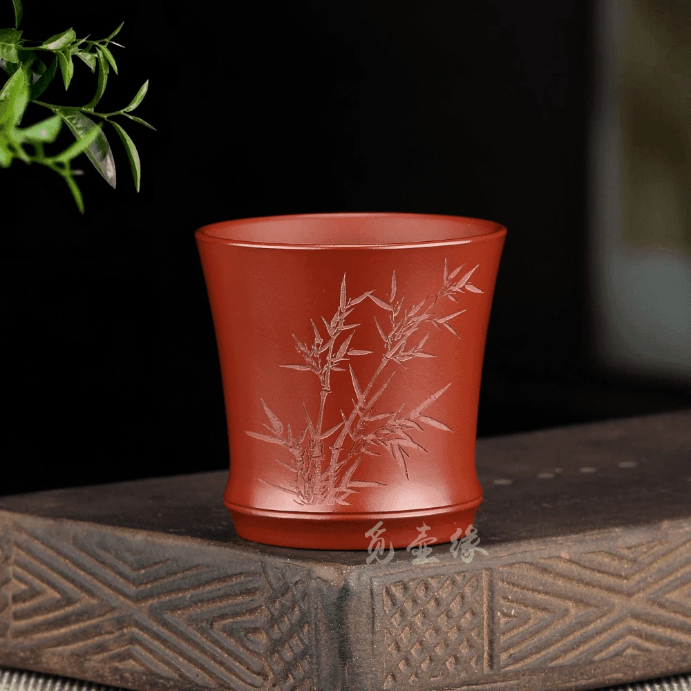 宜兴原矿紫砂朱泥刻绘竹子紫砂主人杯闻香杯客杯