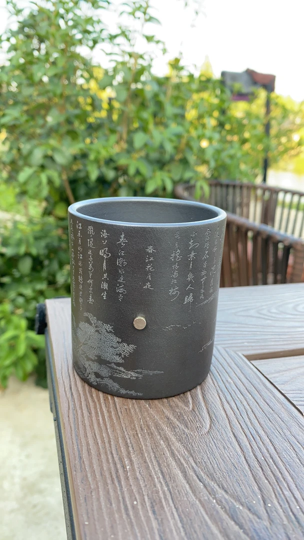 宜兴紫砂原矿石黄杯笔筒杯刻绘春江花月夜家用主人茶杯容量160c