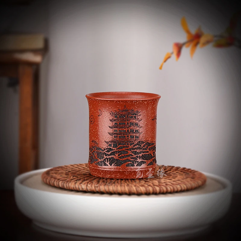 宜兴紫砂原矿红降坡泥手工刻绘黄鹤楼主人杯竹段竹节杯容量150c