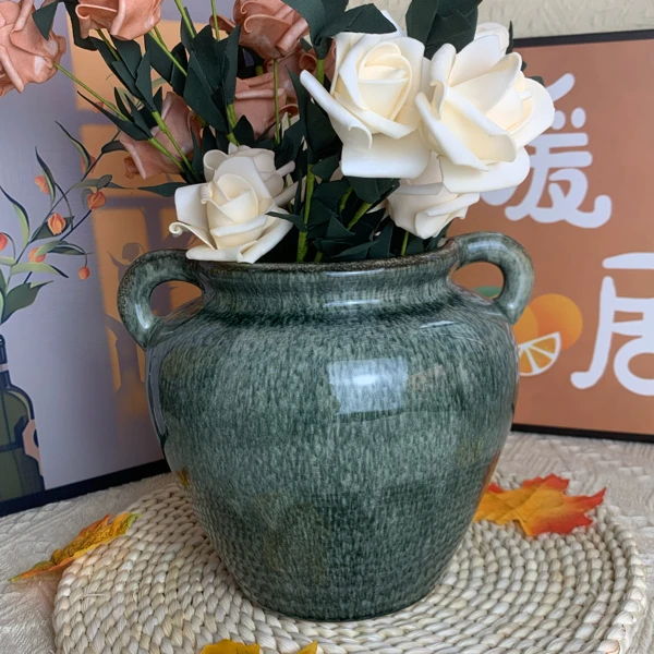 中式复古冰裂釉双耳花瓶花盆家居可水培可土培可插干花