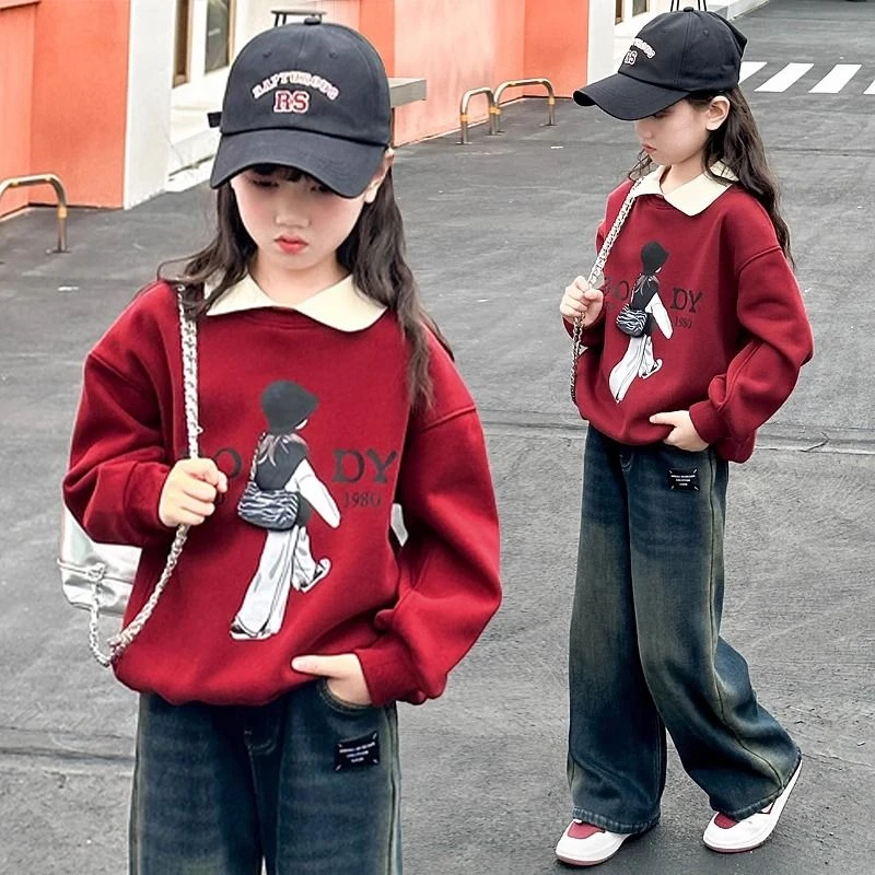 女童卫衣红色本命年春秋套装2024新款女孩洋气大儿童时髦上衣薄绒