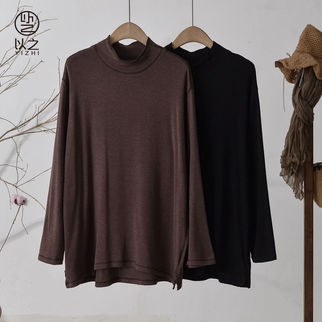 【以之】纯色百搭春秋款宽松长袖上衣休闲中领套头不规则时尚打底衫