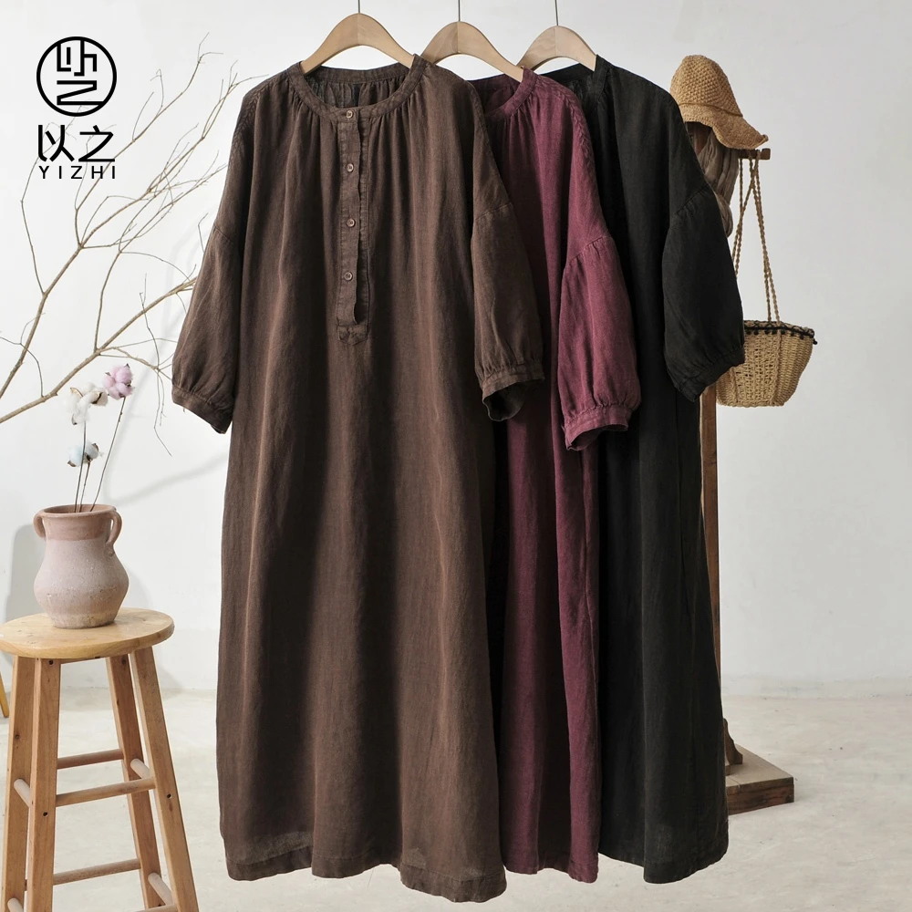 【以之】新款上新圆领麻花前襟扣套头长裙宽松连衣裙女