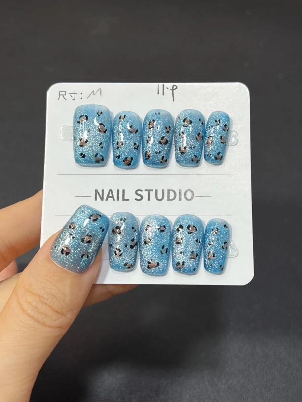 蓝色猫眼豹纹纯手工穿戴甲短甲1217