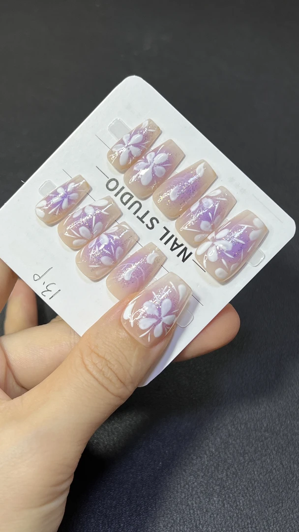 紫色腮红手绘花儿纯手工穿戴甲896