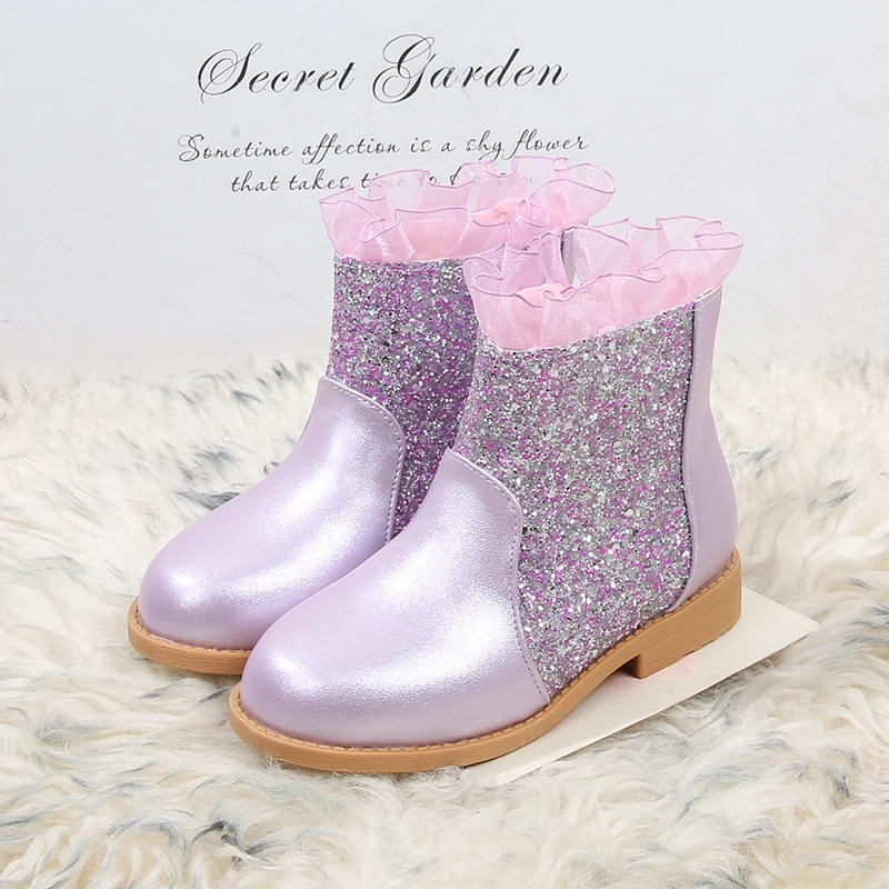 女童靴子秋冬新款儿童棉靴小女孩短靴爱莎公主加绒雪地靴亮片童鞋