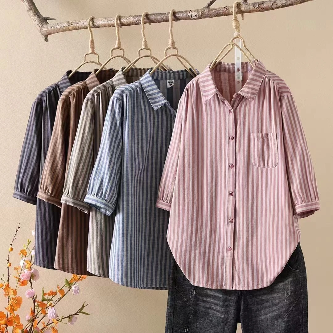 夏季棉纱粗条纹女宽松显瘦翻领中袖衬衣