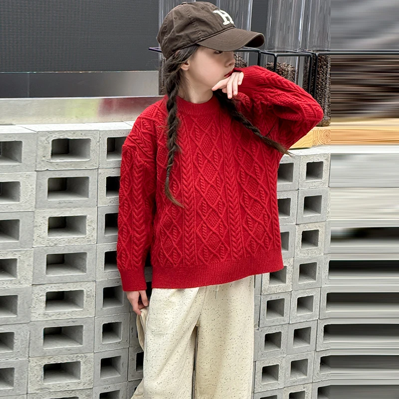 女童毛衣春秋冬装新款儿童女孩本命年上衣打底衫拜年服红色毛线衣