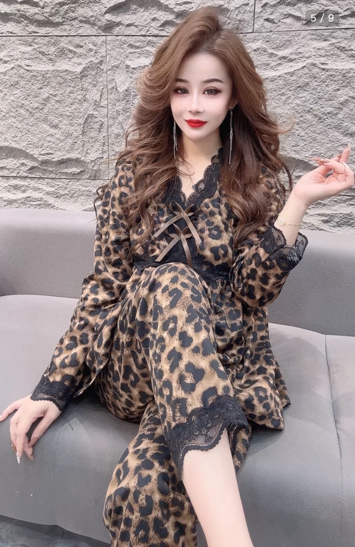 爆款豹纹宽松大码秋冬蕾丝睡衣女套装时尚保暖可外穿