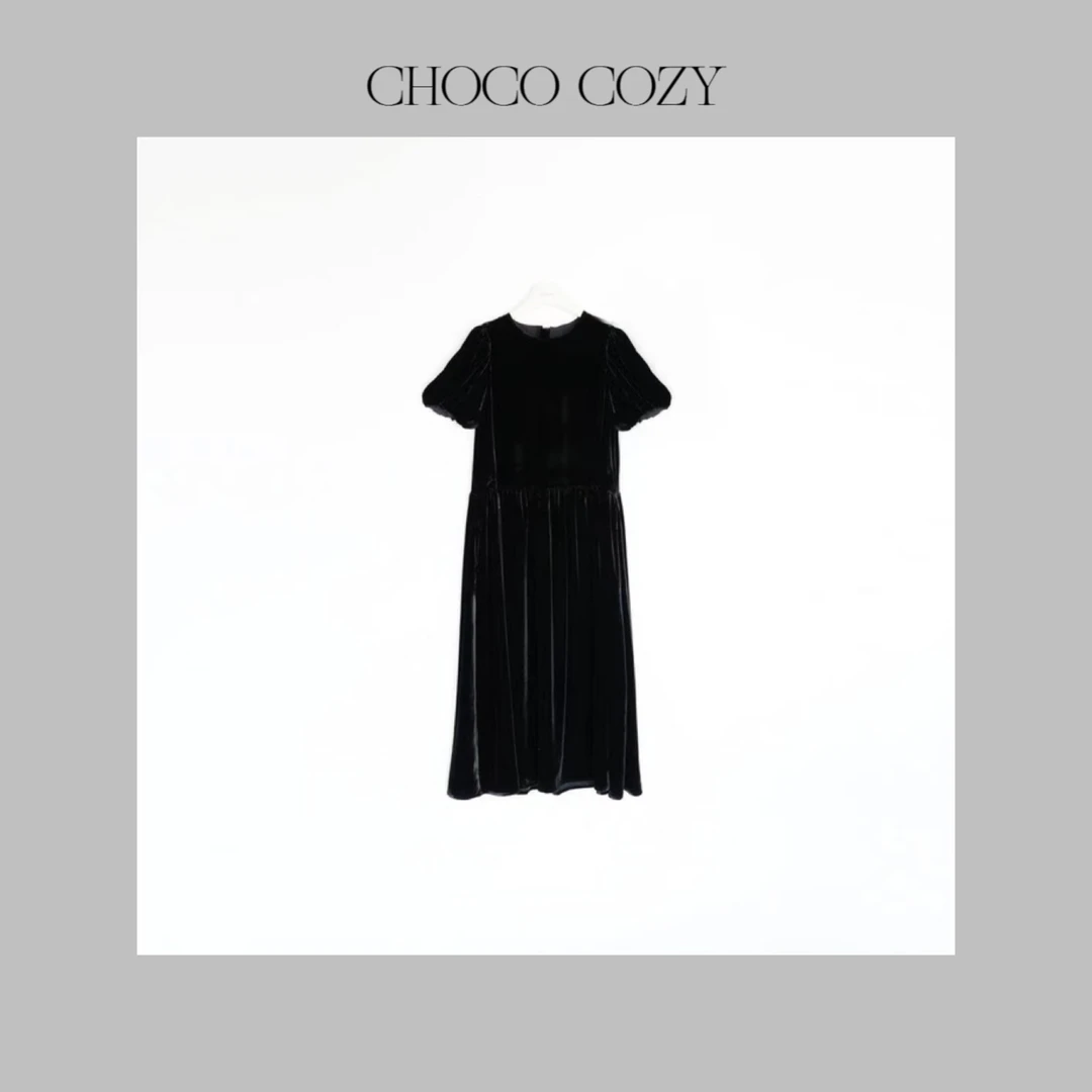 CHOCO【油画少女】法式复古宫廷风桑蚕丝真丝丝绒泡泡袖连衣裙D1806