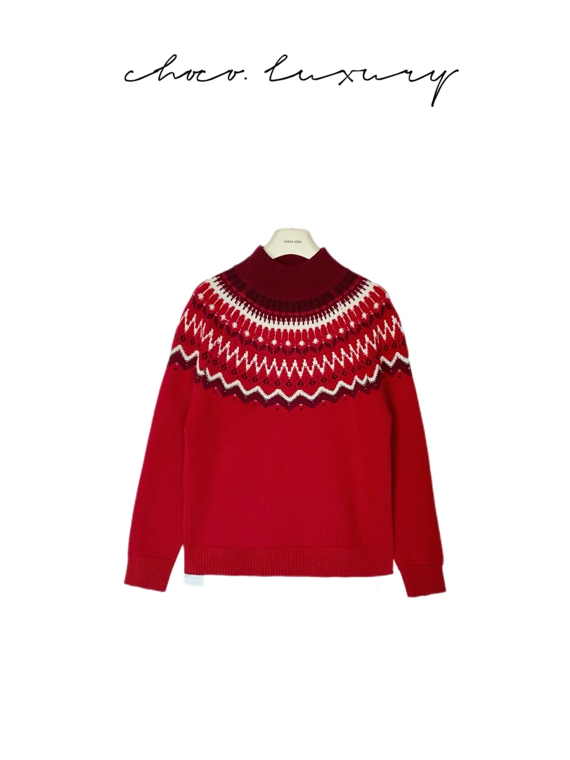 CHOCO【圣诞雪屋】100%美利奴羊毛费尔岛复古提花半高领毛衣 C951