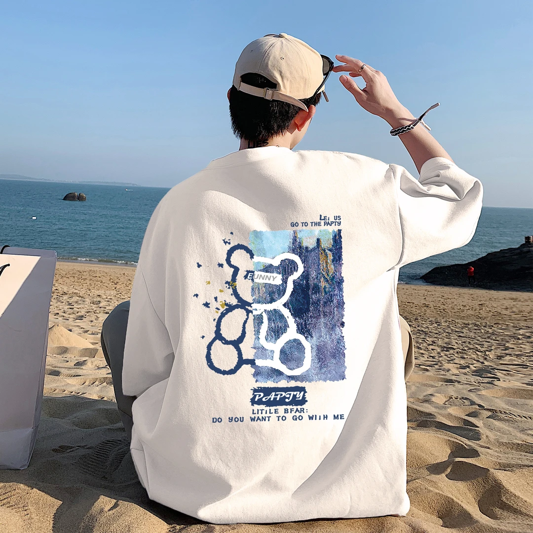 男女同款短袖t恤夏季五分袖宽松大码港风纯棉打底衫潮流圆领青春