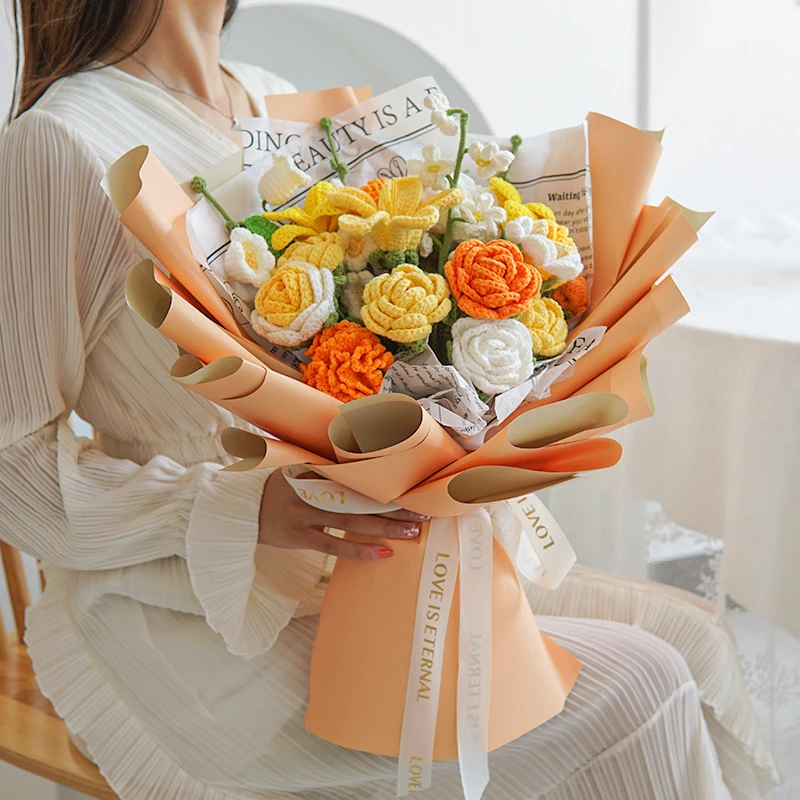 手工编织毛线花束成品仿真花礼品精美假花带包装发货