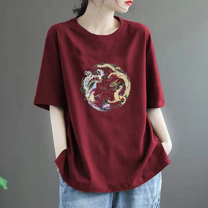 夏季100%纯棉短袖t恤女装2024新款宽松大码酒红色国潮中国风上衣