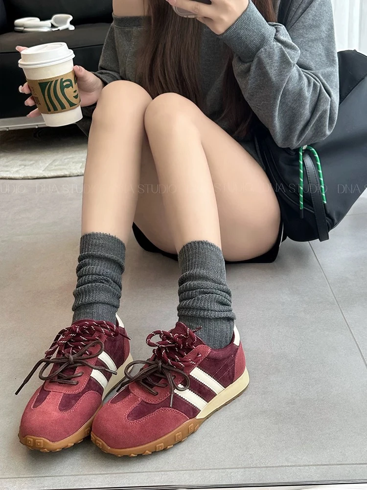 复古磨砂皮平底德训鞋秋冬爆款真皮运动鞋