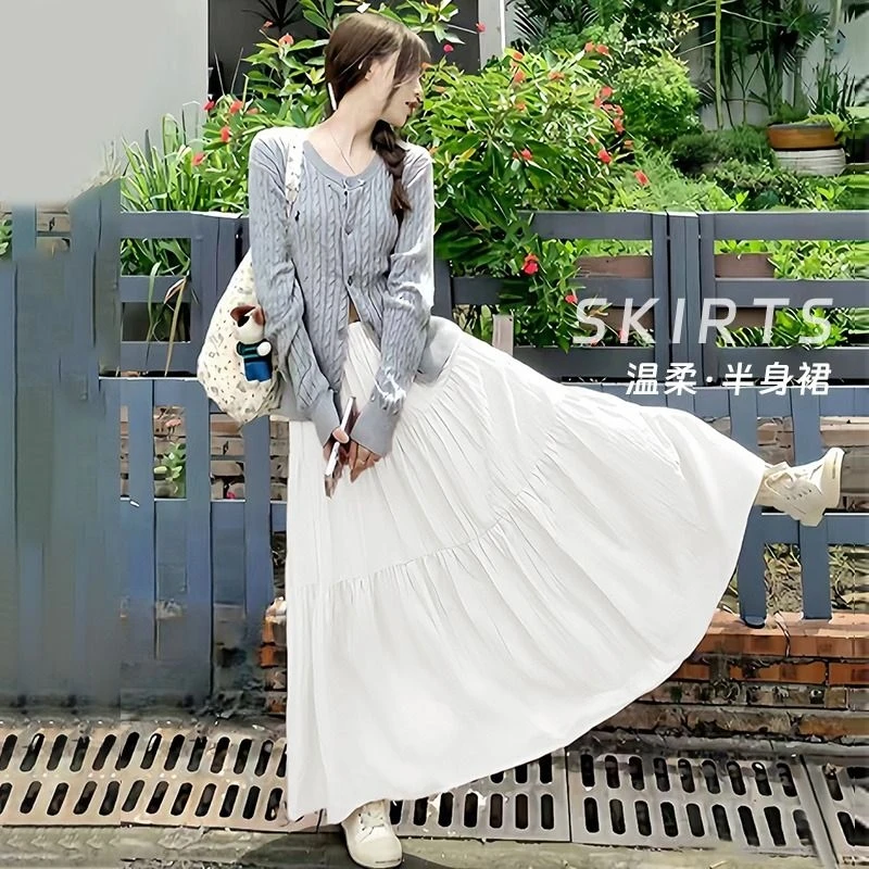白色半身裙女夏季新款高腰中长款a字蛋糕裙垂感法式温柔风长裙子