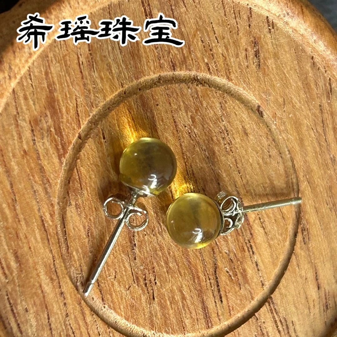【希瑶珠宝】天然蓝珀S925银镶女士百搭手工耳钉素款简约简单复古