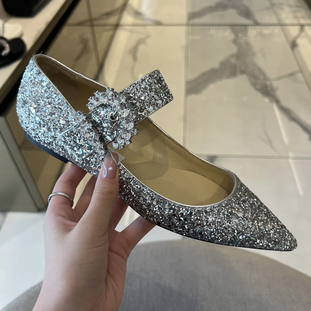 全新未使用 JIMMY CHOO/吉米周 CHERIFLAT 闪钻钻扣平底低跟鞋