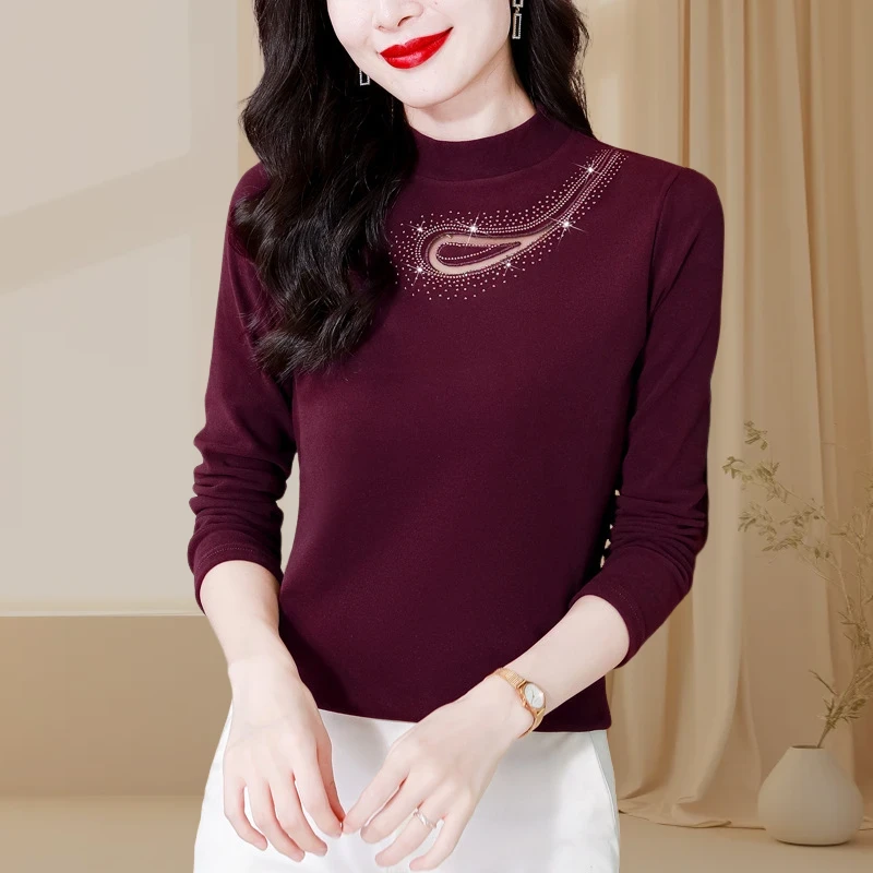 德绒打底衫女烫钻洋气修身百搭上衣2025秋季新款大码显瘦长袖内搭