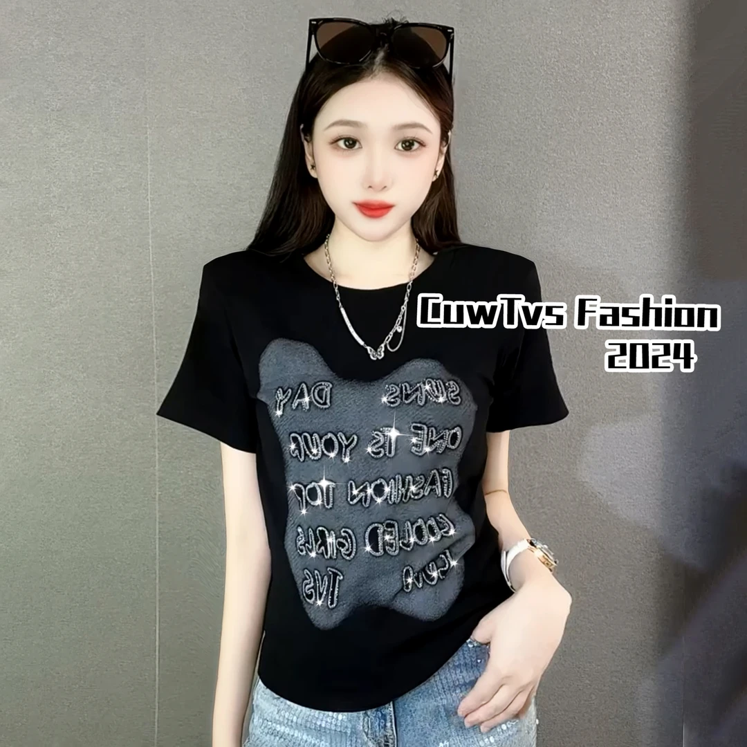 CuwTvs -时尚女装字母烫钻短袖T恤女夏装新款韩版设计感显瘦上衣
