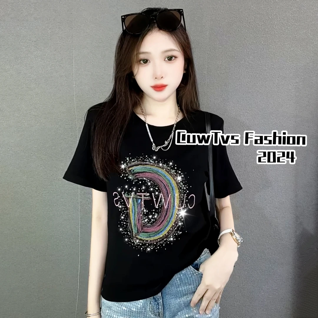 CuwTvs -彩虹烫钻短袖T恤女时尚女装新款印花显瘦潮流夏装女上衣
