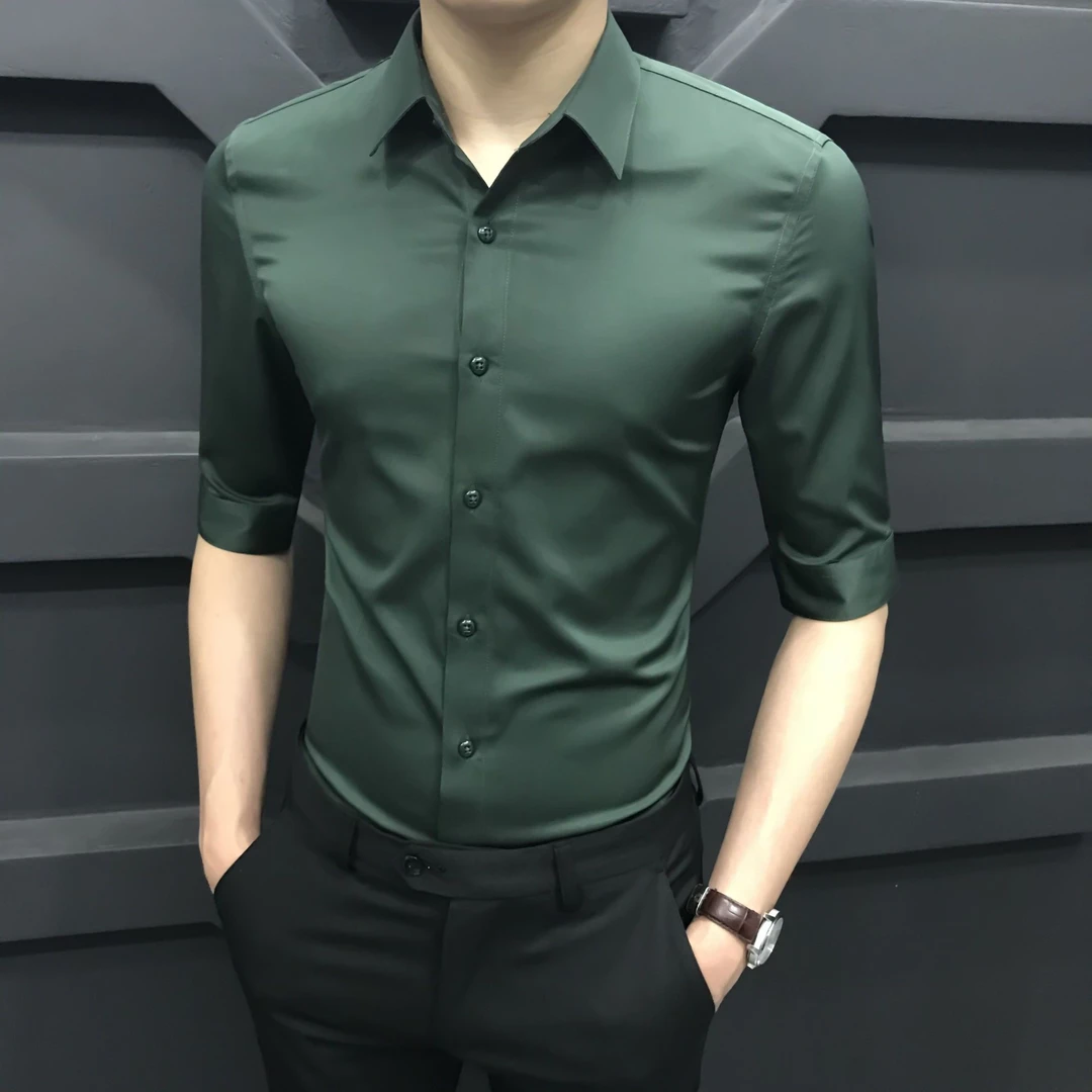 冰丝衬衫男短袖时尚休闲绿色男款上衣免烫商务五分袖男士衬衣男装