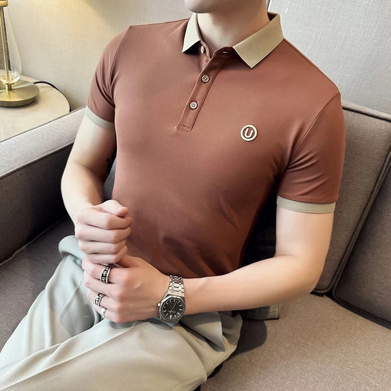 2024夏季冰凉高端刺绣Polo衫英伦男士修身短袖撞色翻领t恤上衣