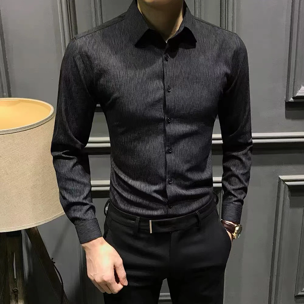 高级痞帅男士长袖衬衫秋冬韩版抗皱修身衬衣新款休闲商务男装免烫