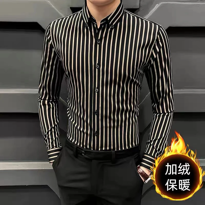 秋冬条纹衬衫男长袖加绒新款高端修身潮痞帅休闲男士衬衣商务上衣