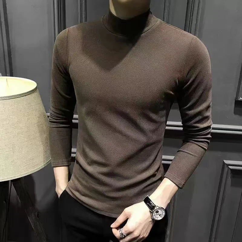 秋冬半高领双面德绒修身打底衫男士新款衣服中领内搭长袖T恤男装