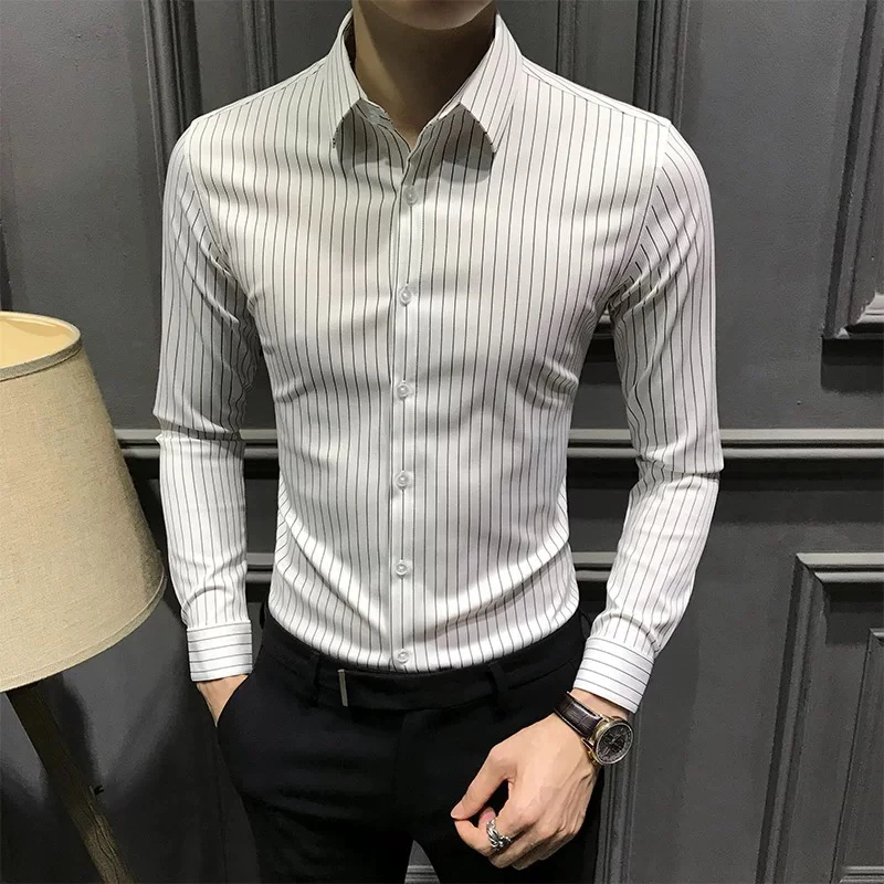 秋季条纹男士长袖衬衫新款高档竖条修身衬衣潮流休闲商务上衣免烫