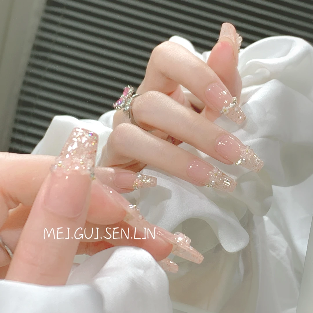 玖奈花环~少女 碎闪简约小花裸色纯欲纯手工穿戴美甲