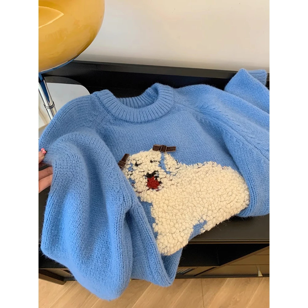 慵懒风蓝色小狗百搭套头宽松软糯毛衣外穿女秋冬设计感小众上衣