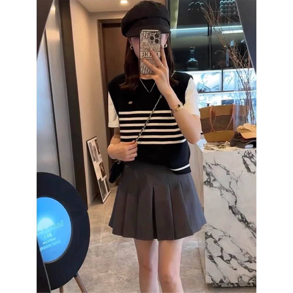 HK829条纹撞色假两件设计感百搭显瘦针织衫女秋新款短袖套头上衣