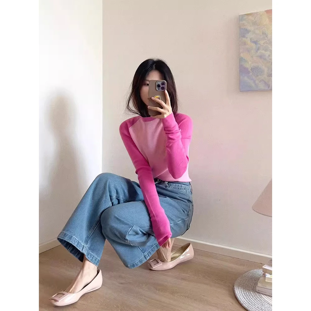 韩系撞色内搭修身短款针织衫女秋冬百搭高级感毛衣打底插肩袖上衣