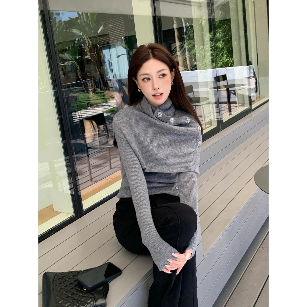 气质百搭灰色长袖两件套韩系披肩毛衣显瘦女秋冬修身高级感针织衫
