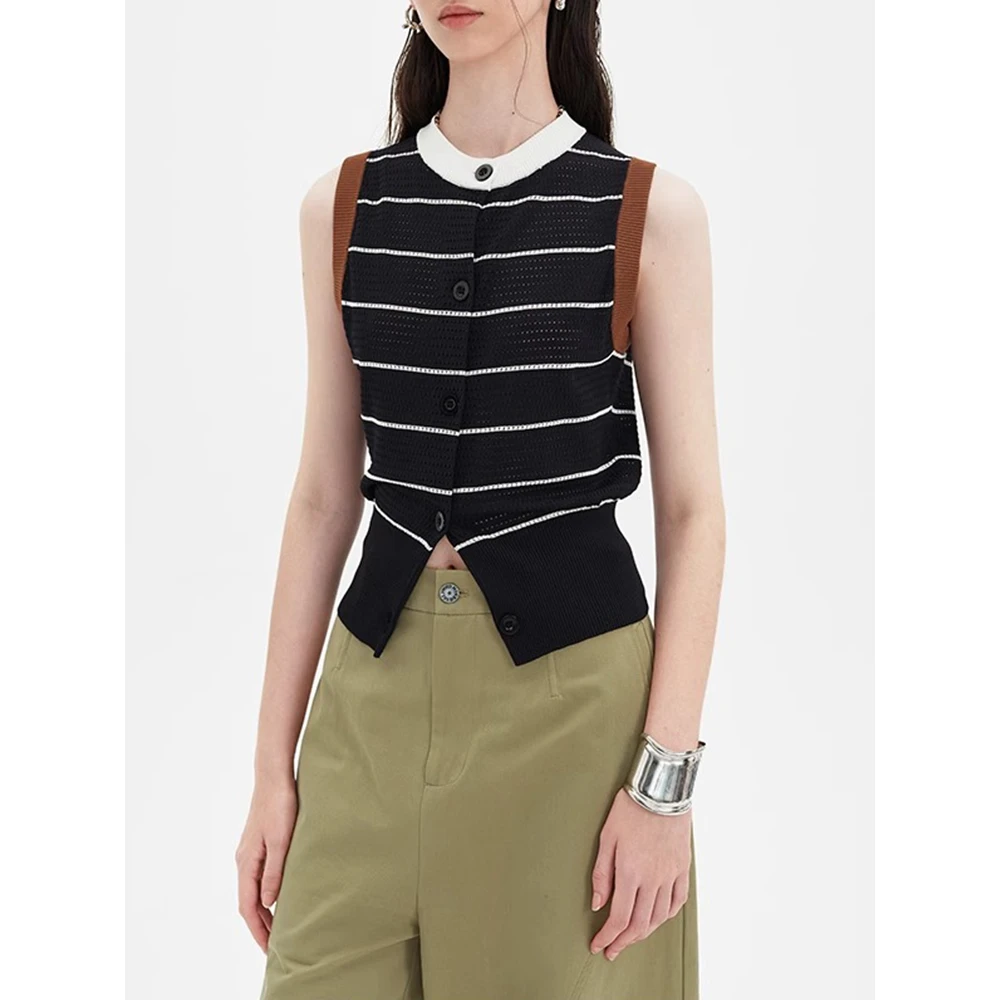 法式显瘦设计感无袖针织马甲背心女夏季收腰时尚镂空外穿条纹上衣