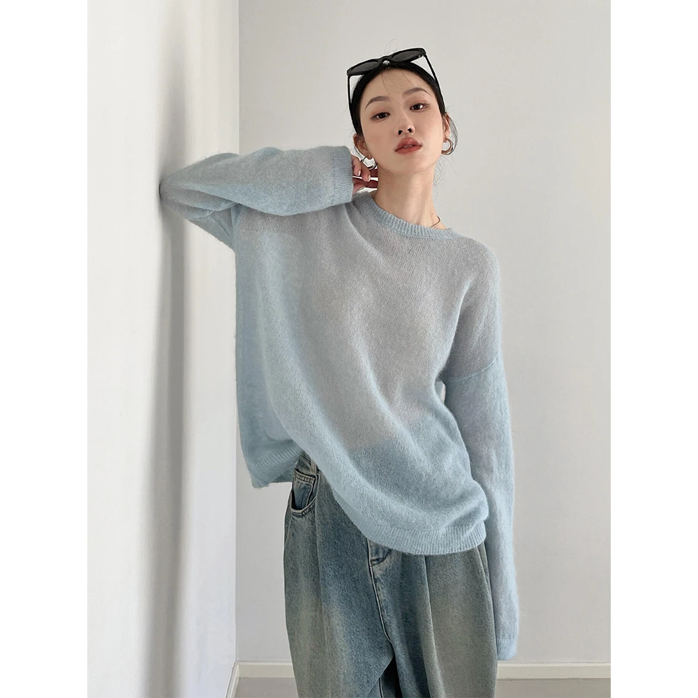 HK911法式气质微透亲肤慵懒风穿搭女早秋百搭海盐冰蓝色针织罩衫