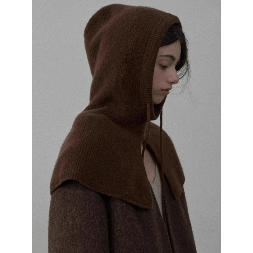 高级感复古开叉巴拉克拉法帽围脖女秋冬保暖护耳抽绳针织毛线帽子