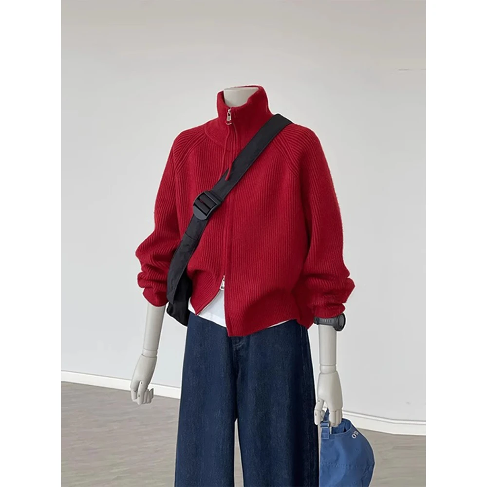 高级感复古百搭安可拉红色立领针织开衫女秋冬款加厚保暖拉链毛衣
