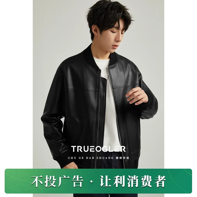 春秋季纳帕纹PU皮夹克男士高级感潮流帅气棒球服外套机车服EG969