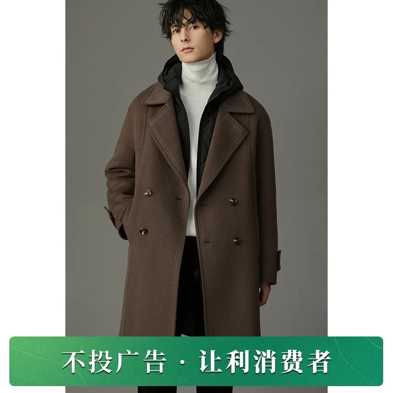 冬季加厚双面呢羊毛大衣男中长款宽松明线设计翻领帅气外套DL685