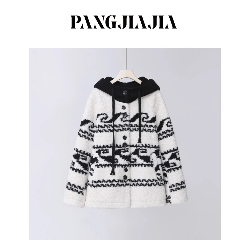 【胖佳佳】岛屿之光 加厚羔毛外套时尚印花复古连帽外套H623Z11333