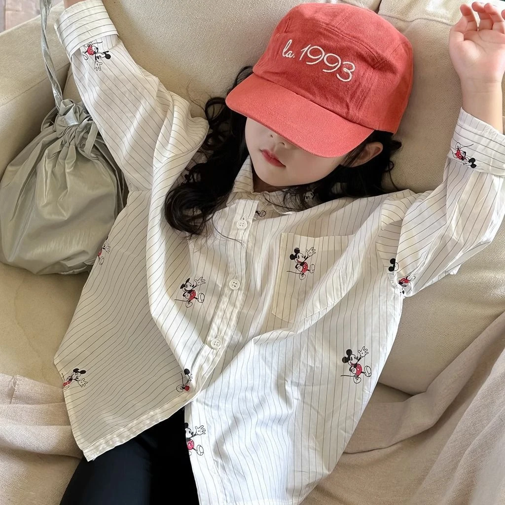 女童卡通衬衫秋装2024新款韩版休闲条纹长袖衬衣中大童秋季上衣