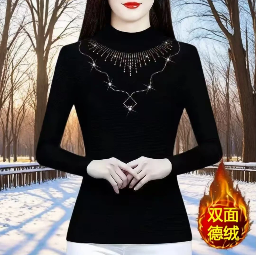 春秋薄绒打底衫女黑色半高领上衣大码遮肚子气质长袖小衫女